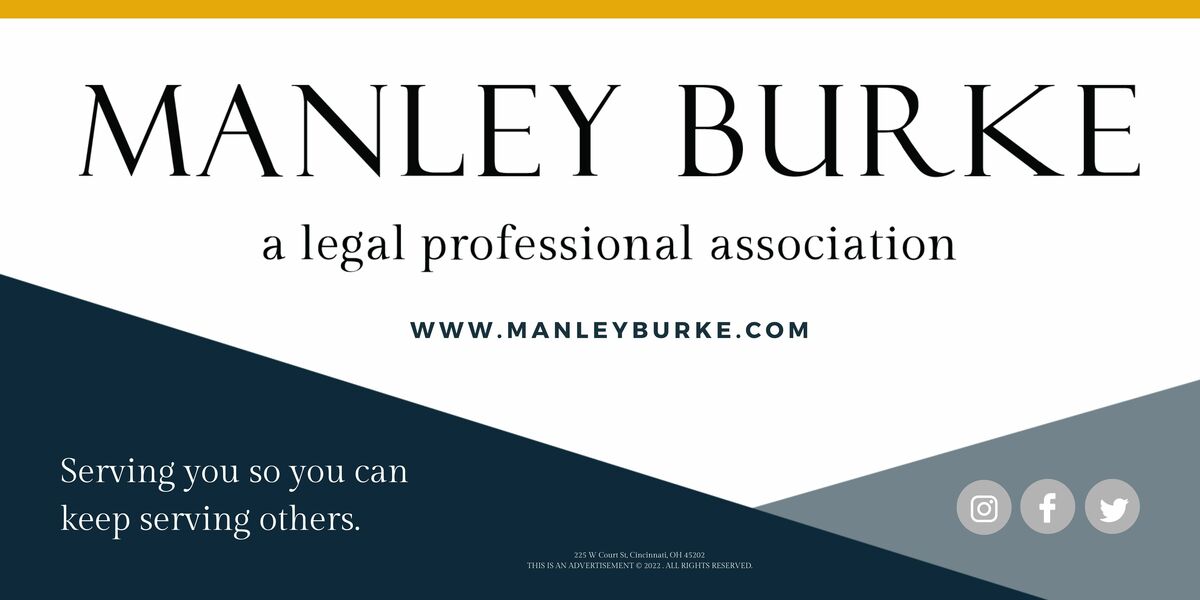 Manley Burke logo with statement and social icon